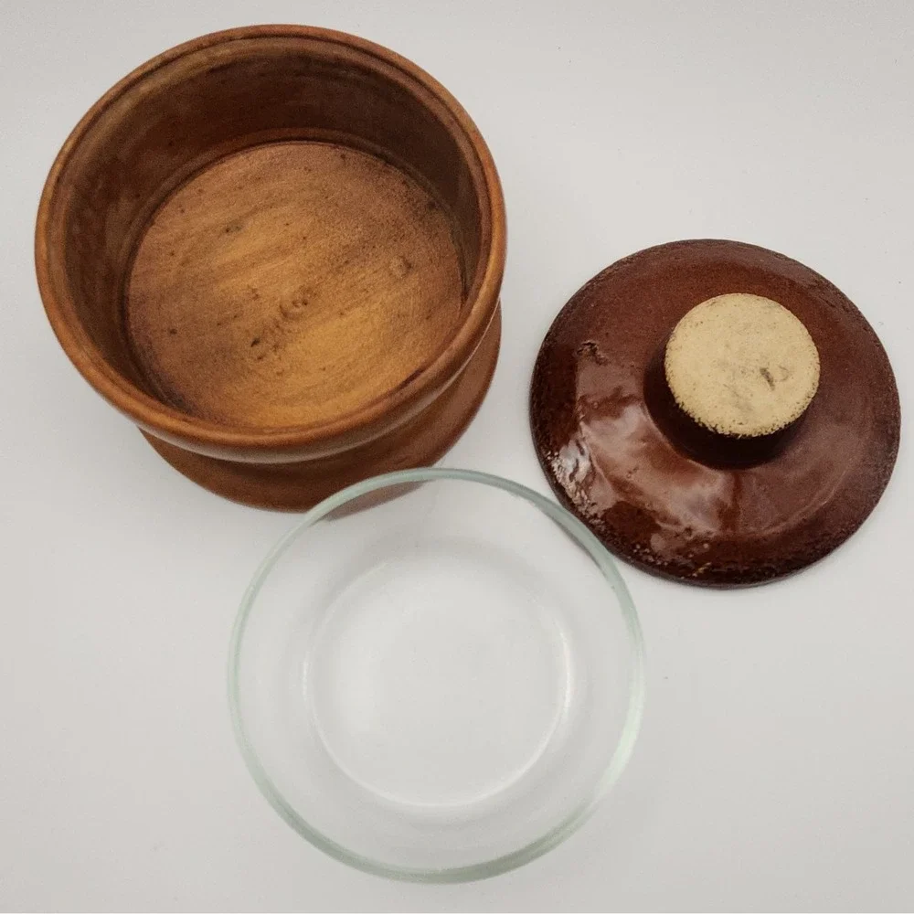 Vintage Mid-Century 3-Piece Wood & Stoneware Lidded Dish with Glass Liner
